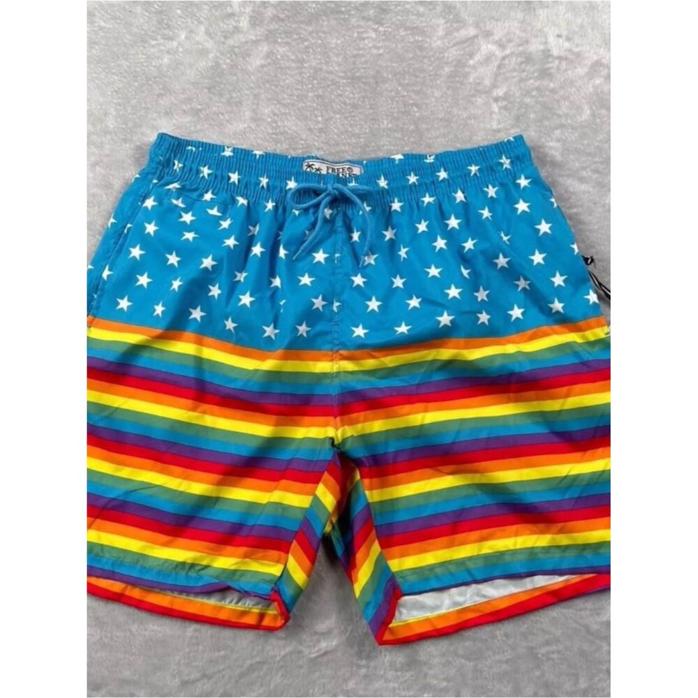 Men’s free planet Blue Star & Rainbow Stripe Swim Trunks size XL
